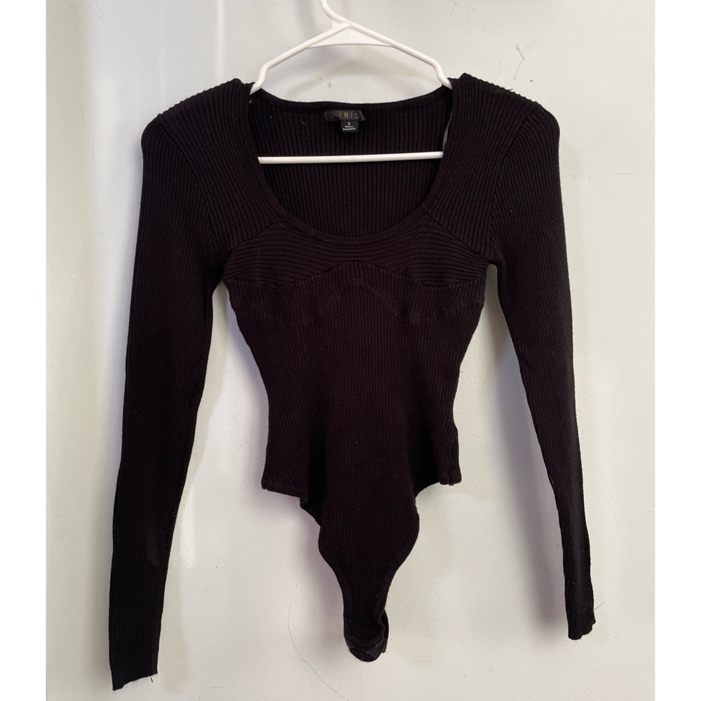 iris Black Ribbed Long-Sleeve Bodysuit